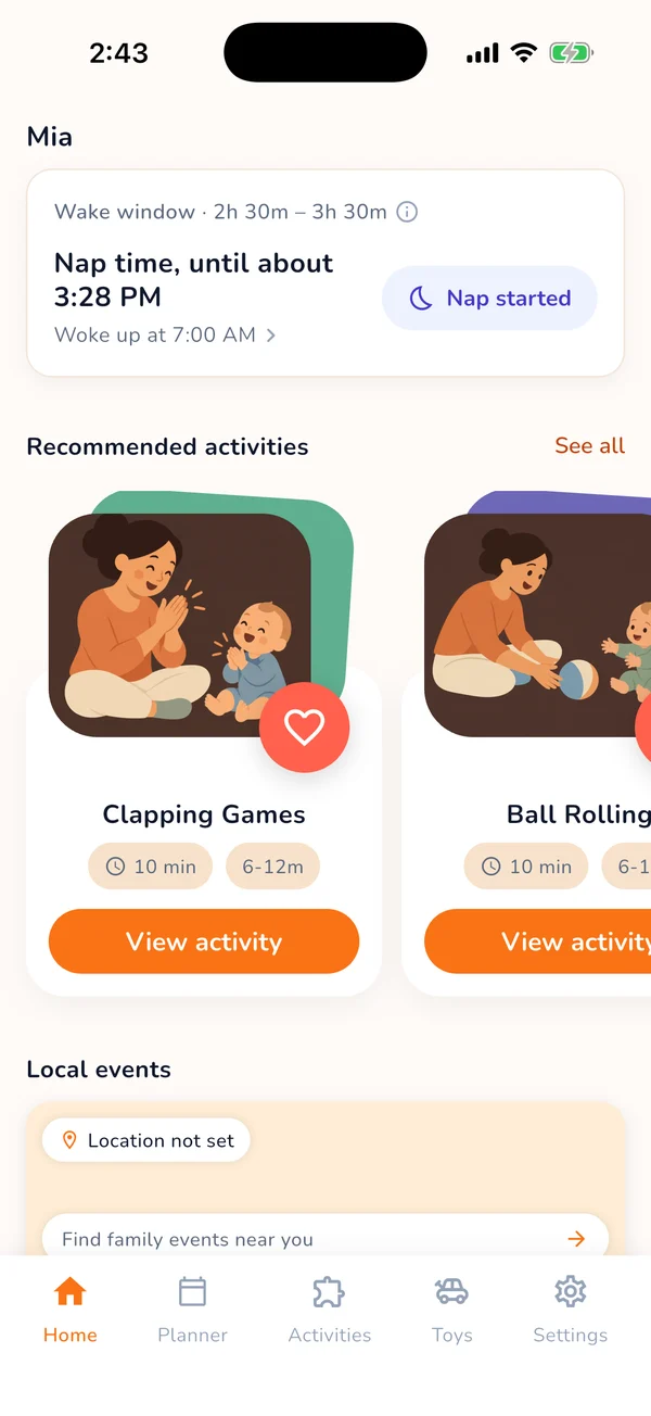 Wake Window home screen with the next nap time and illustrated activity recommendations