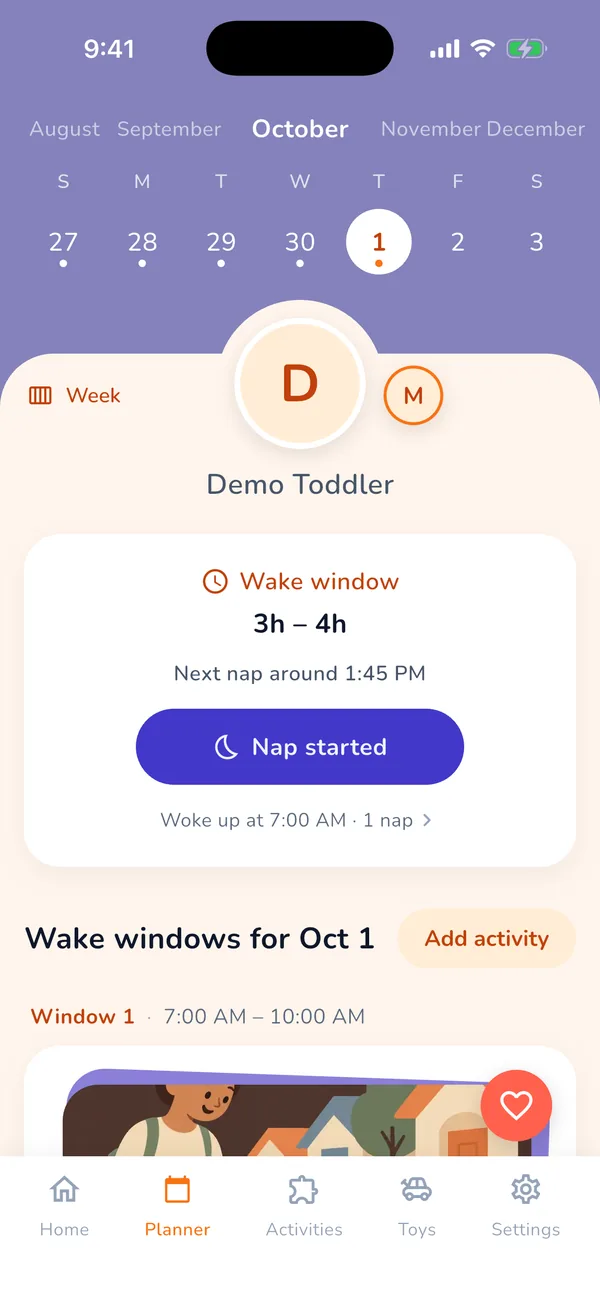 Wake Window planner showing the day’s wake window, next nap and planned activities